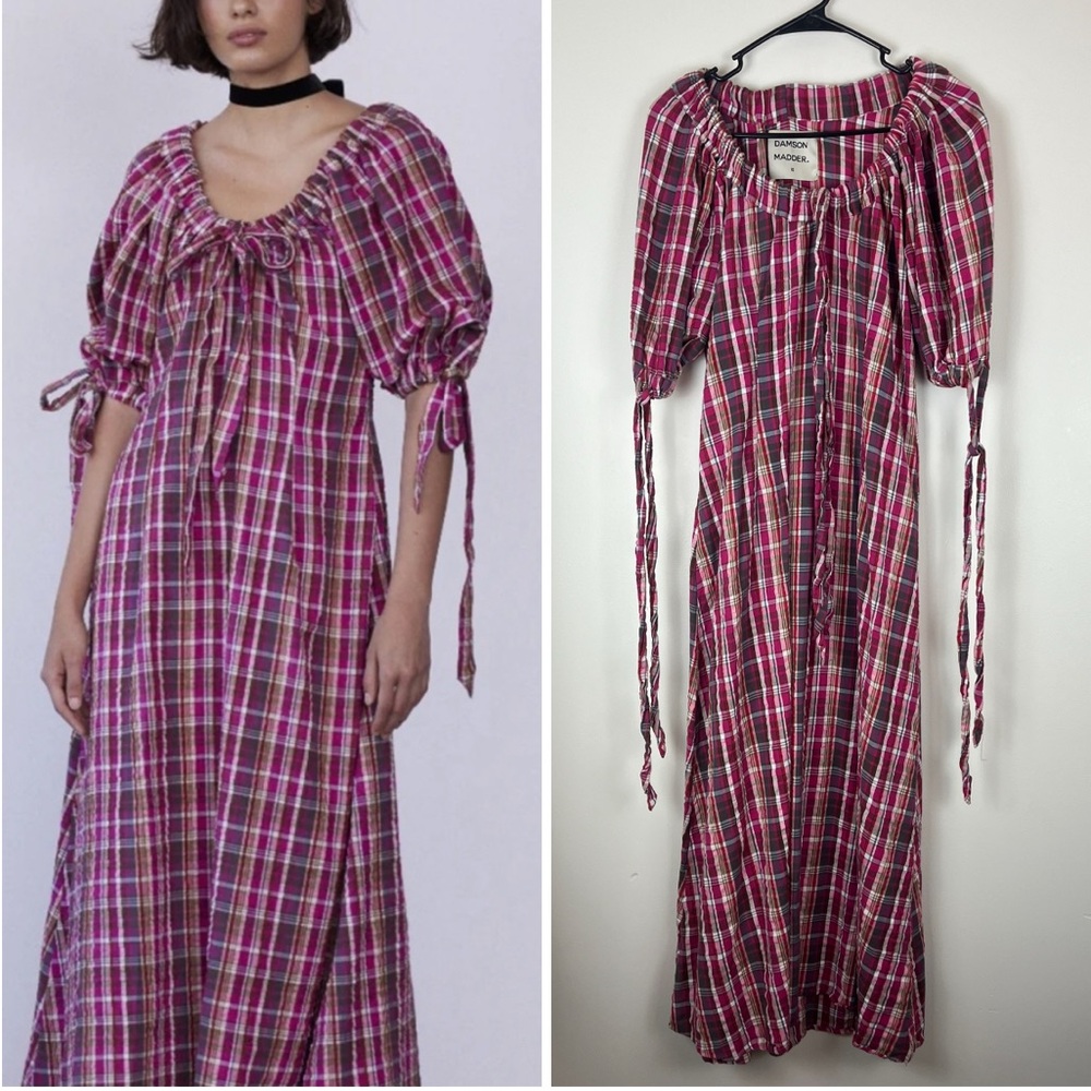 DAMSON MADDER Cassandra Bow Midi Dress in Pink Plaid UK 10 / US 6